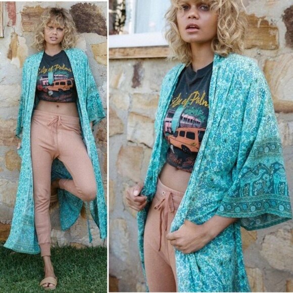 Spell & The Gypsy Sundown Maxi Robe Kimono Green Floral - Picture 3 of 12